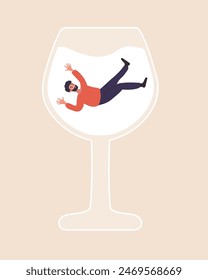 Male Alcoholism. Drunk Man swimming in glass of boozy. People suffering from hard drinking. Addiction disorder. Vector illustration in flat cartoon style.