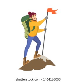 Male alpinist standing on top of the mountain with a flag. Adventure, extreme sport. Professional climber in sport clothes. Idea of success and achievement. Isolated vector cartoon illustration