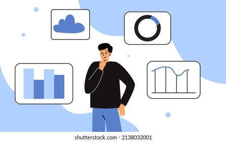 Male analyst, business analyst. Analysis of graphs, results. Businessman character analyzing statistics.