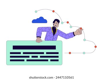 Male analyst cloud computing 2D linear cartoon character. Digital administrator indian man isolated line vector person white background. Managing cloud infrastructure color flat spot illustration