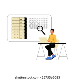 Male Analyst At Desk With Laptop In Flat Vector Illustration Symbolizing Digital Data Analysis And Binary Code Exploration, Isolated On White Background