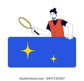 Male analyst researching data block 2D linear cartoon character. Bearded man using loupe isolated line vector person white background. Guy enlarging bigdata block color flat spot illustration