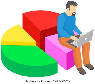 Male analyst sitting on pie chart and working on laptop computer. Statistical or financial data analysis, business analytics concept. Man conducts statistical research, works with data analyzing