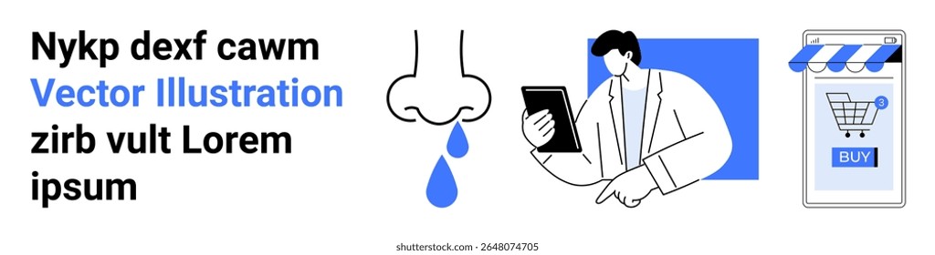 Analista masculino com dispositivo tablet analisando tendências de comércio eletrônico, ícone de execução do nariz, elementos de texto. Ideal para estratégias de e-commerce, marketing digital, aplicativos médicos, suporte técnico, varejo on-line, saúde