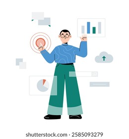 Male Analyst Using Digital Dashboard With Data Charts In Flat Vector Illustration Symbolizing Business Analytics, Data Visualization, And Digital Reports, Isolated On White Background