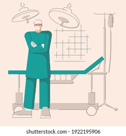 Male anesthesiologist or surgeon in operational theater. Doctor in medical mask with professional equipment. Flat geometric style, non-standard proportions for human characters illustration.