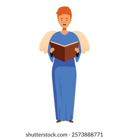 Male angel character wearing blue robe reading bible