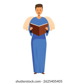 Anjo masculino está cantando de um livro, vestindo um roupão azul