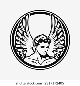 Male angel with wings. Black and white logo or mascot design. Vector illustration