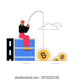 Male Angler Fishing For Bitcoin In Flat Vector Illustration Symbolizing Cryptocurrency Mining, Investment, And Financial Opportunities, Isolated On White Background.