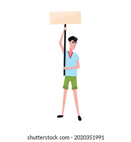 Male angry protester in glasses holding blank placard on stick flat vector illustration