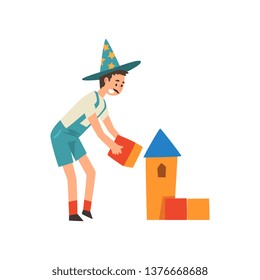 Male Animator in Funny Costume Performing Before Kids Birthday Party With Toy Blocks Vector Illustration