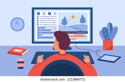 Male animator sitting at computer desk and creating project. Graphic motion designer sitting at workplace in studio and developing web game flat vector illustration. Design, art concept