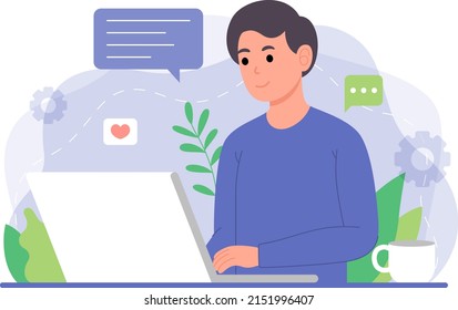 Male animator sitting at computer desk and creating project