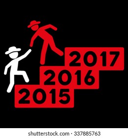 Male Annual Help vector icon. Style is bicolor flat symbol, red and white colors, rounded angles, black background.