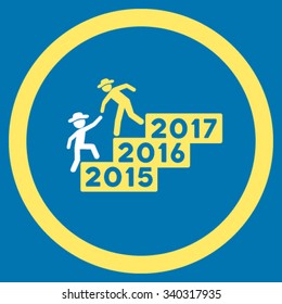 Male Annual Help vector icon. Style is bicolor flat circled symbol, yellow and white colors, rounded angles, blue background.