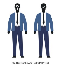 Male anonymous, unknown faceless user, incognito business person with question and check mark on face. Businessman profile avatar. Human body. Cartoon flat style isolated vector concept