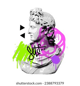 Male Antique bust sculpture isolated in retro halftone texture vintage dotted pop art style. Abstract graffiti strokes with cut out collage element for mixed media grunge punk vector illustration.