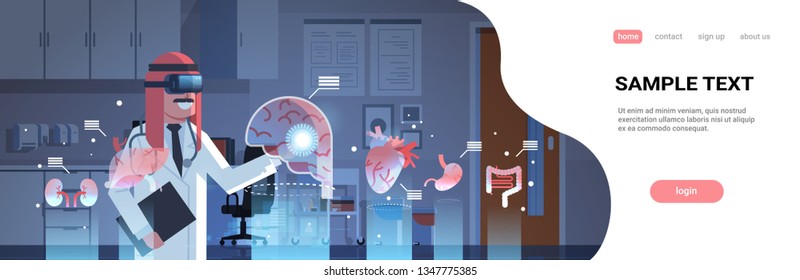 male arab doctor wearing digital glasses touching virtual reality brain human organs infographic anatomy medical vr headset vision concept hospital interior portrait horizontal copy space