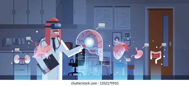 male arab doctor wearing digital glasses touching virtual reality brain human organs infographic anatomy medical vr headset vision concept hospital office interior portrait horizontal