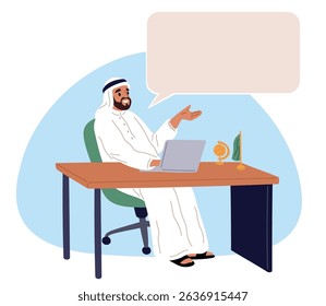 Male Arab sits at desk with laptop and big clean speech bubble. Arabian businessman speaking. Saudi man working at laptop in office. Corporate workplace. Boss in traditional clothing. Vector concept