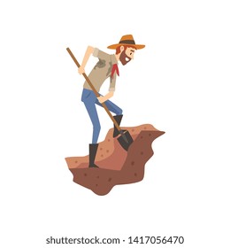 Male Archaeologist Digging Soil with Shovel, Scientist Working on Excavations Vector Illustration