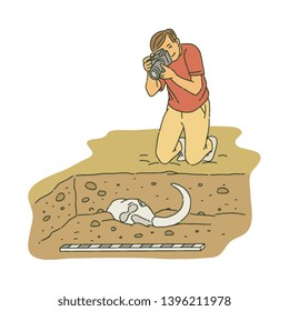 Male archaeologist kneeling and taking photo of ancient bones sketch style, vector illustration isolated on white background. Archeology or paleontology excavation, cameraman shooting animal skull