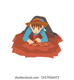 Male Archaeologist Lying on Ground and Sweeping Dirt from Bones of Skeleton Using Small Brush, Paleontology Scientist Working on Excavations Vector Illustration