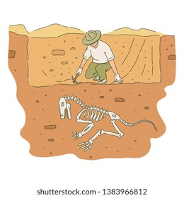 Male archaeologist with pickaxe digs out dinosaur skeleton sketch style, vector illustration isolated on white background. Archeology or paleontology excavation of ancient animal bones