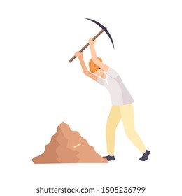 Male Archaeologist Scientist Character in Protective Hat Working on Excavations with Pickaxe Flat Vector Illustration