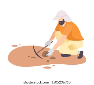 Male Archaeologist Scientist Character Working on Excavations with Pickaxe Flat Vector Illustration