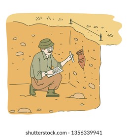 Male archaeologist sitting in pit and researching ancient amphora sketch style, vector illustration isolated on white background. Archeology excavation, man works on notes artifact measuring