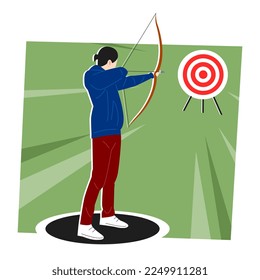 male archer aiming at target board. man holding bow and arrow. ready to shoot. back view. concept of sport, business, goal, archery, etc. flat vector illustration.