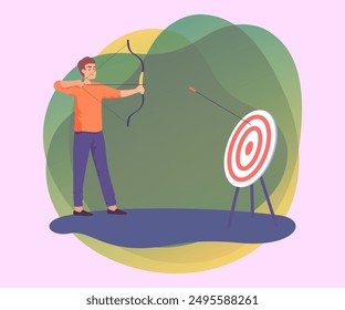 Arquero macho con arco y flecha apuntando al objetivo. Práctica de tiro con arco o entrenamiento, jugador practicando tiro de Ilustración vectorial plana. Tiro con arco, deportes, concepto de competición