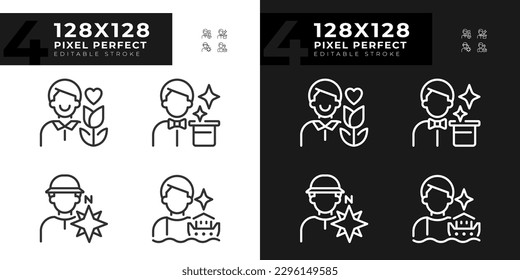 Male archetypes pixel perfect linear icons set for dark, light mode. Personality trait. Psychoanalysis. Lover, magician. Thin line symbols for night, day theme. Isolated illustrations. Editable stroke