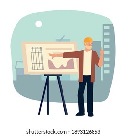 Male Architect With Blueprint On Easel At Workplace Vector Illustration