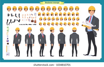 Male architect in business suit and protective helmet. Character creation set. Full length, different views, emotions and gestures. Build your own design. Cartoon flat-style infographic illustration