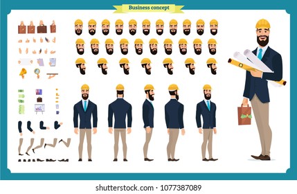 Male architect in business suit and protective helmet. Character creation set. Full length, different views, emotions and gestures. Build your own design. Cartoon flat-style infographic illustration