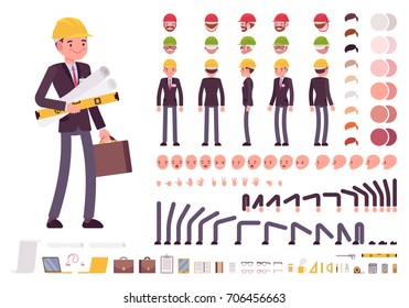 Male architect in business suit and protective helmet. Character creation set. Full length, different views, emotions and gestures. Build your own design. Cartoon flat-style infographic illustration