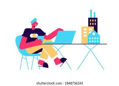 Male architect designer works on laptop with mini building models on table vector, flat illustration. Man develops architectural digital technology design, isolated. Engineer create house project