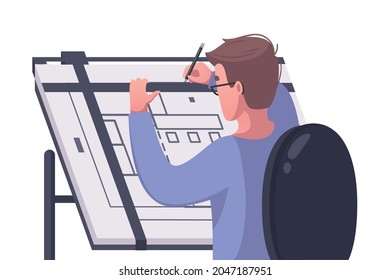 Male Architect Drawing House Plan Cartoon Vector Illustration