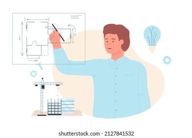 Male architect drawing new building project. Construction engineer working on apartment house draft flat vector illustration