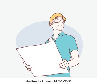 Male architect looking at blueprints against white background. Hand drawn style vector design illustrations.