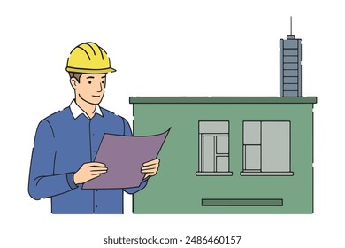 
Male architect looking at blueprints flat vector illustration on white background