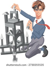 Arquitecto masculino haciendo un edificio modelo. 
Modelo del edificio. Concepto de proyecto. El hombre construye una estructura con bloques de juguete
