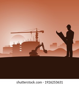 male architect on construciton site checking documents illustration vector in orange gradient shade.