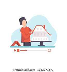 Male Architect Presenting Model of Building. Young Man Blogger Creating Content about His Hobby and Posting It on Social Media. Online Channel Concept Vector Illustration