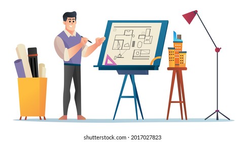 Male architect presenting project concept cartoon illustration. Man engineer standing near drawing board explaining project. draft, and building. Flat vector illustration