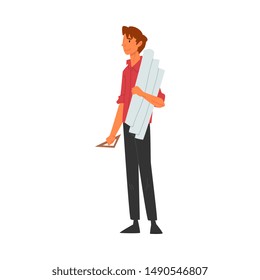 Male Architect, Professional Construction Worker Engineer Character with Projects Blueprints Vector Illustration