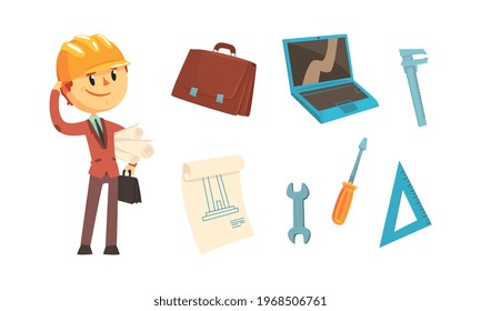 Male Architect and Professional Equipment Set, Laptop Computer, Blueprint, screwdriver, Triangle, Calipers, Hard Hat Cartoon Vector Illustration